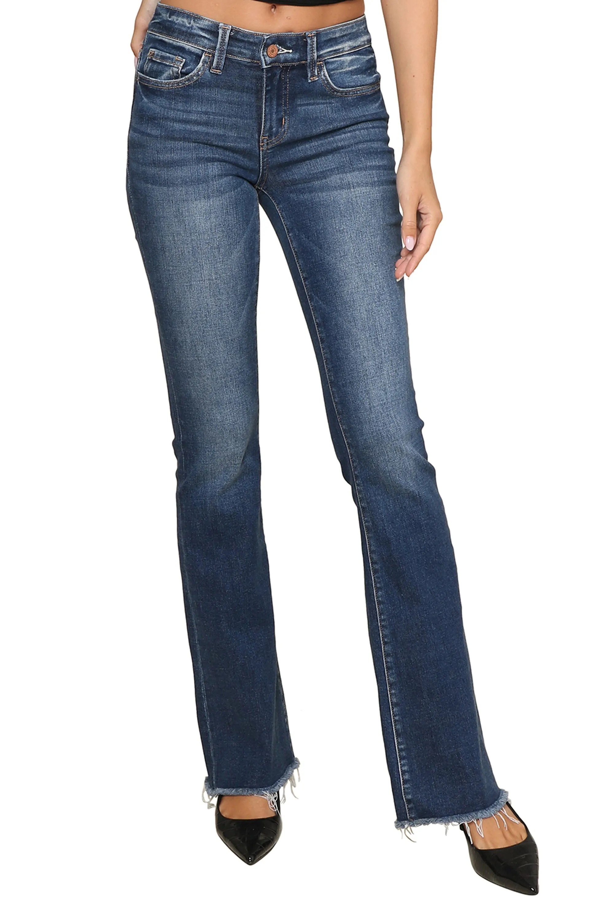 Dark Mid Rise Flare with Raw Hem sold by Mixology