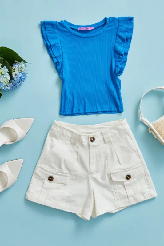 Ruffle Sleeve Rib Top sold by Mixology