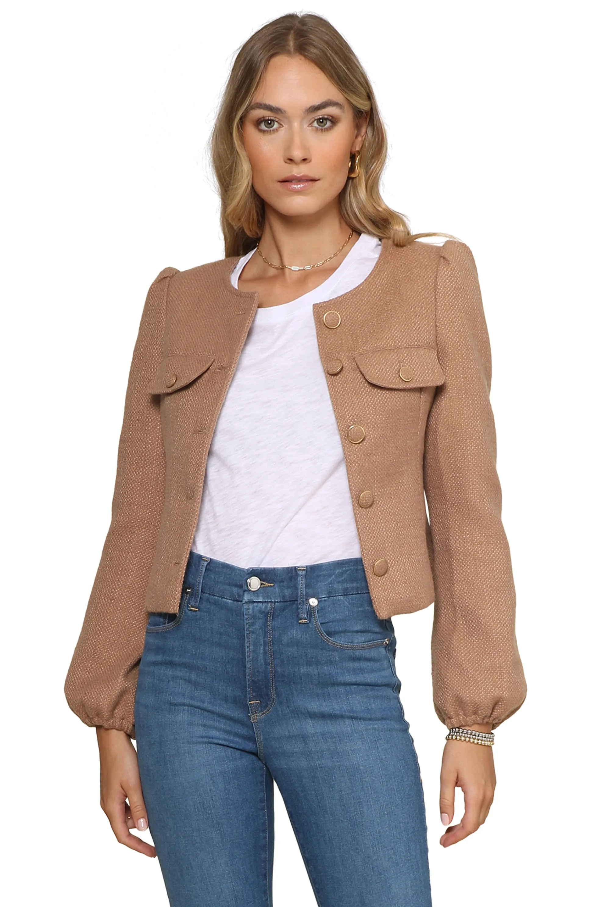 Tweed Puff Sleeve Button Up sold by Mixology