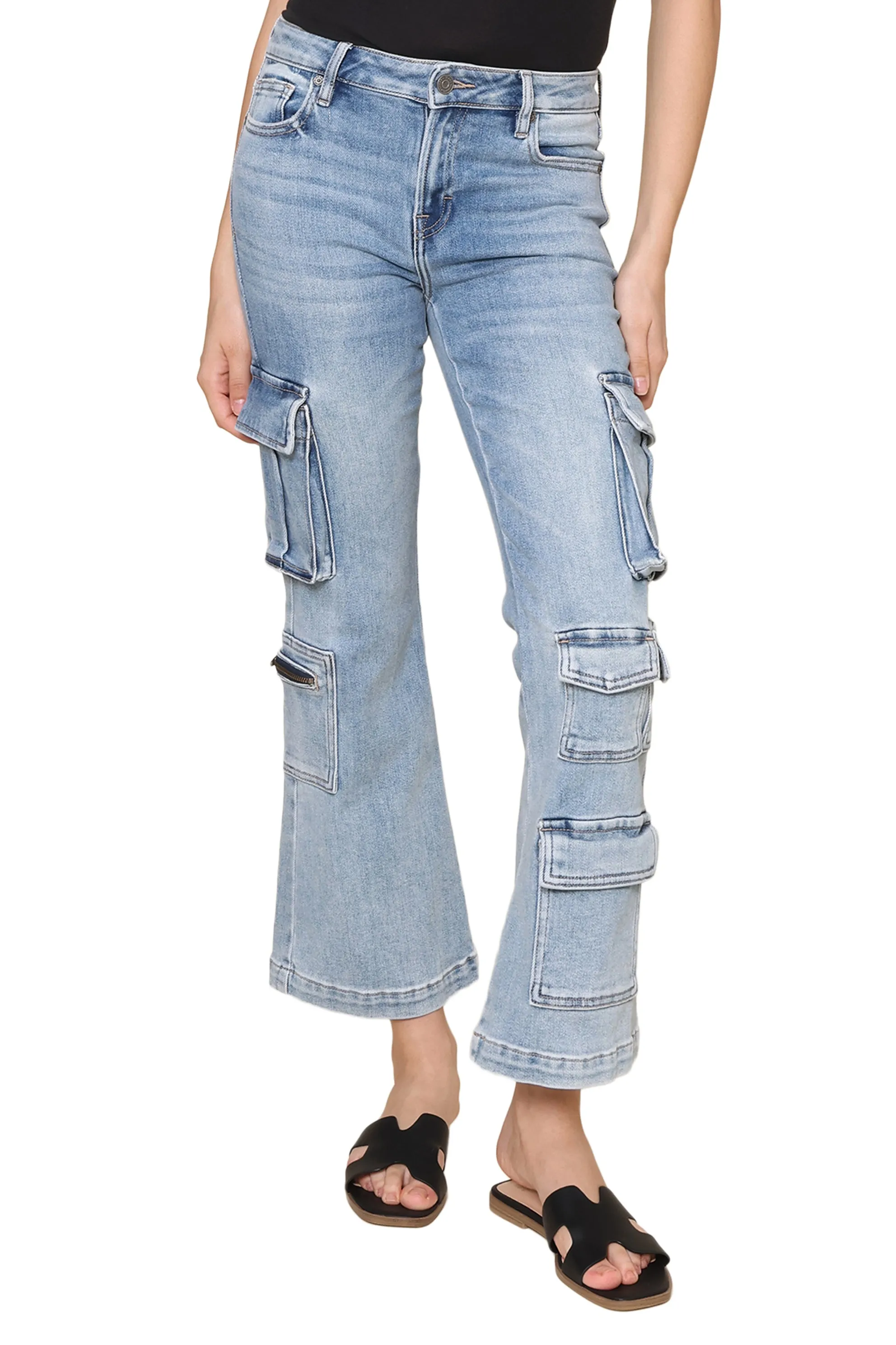 Medium Wash High Rise Cargo Jeans sold by Mixology