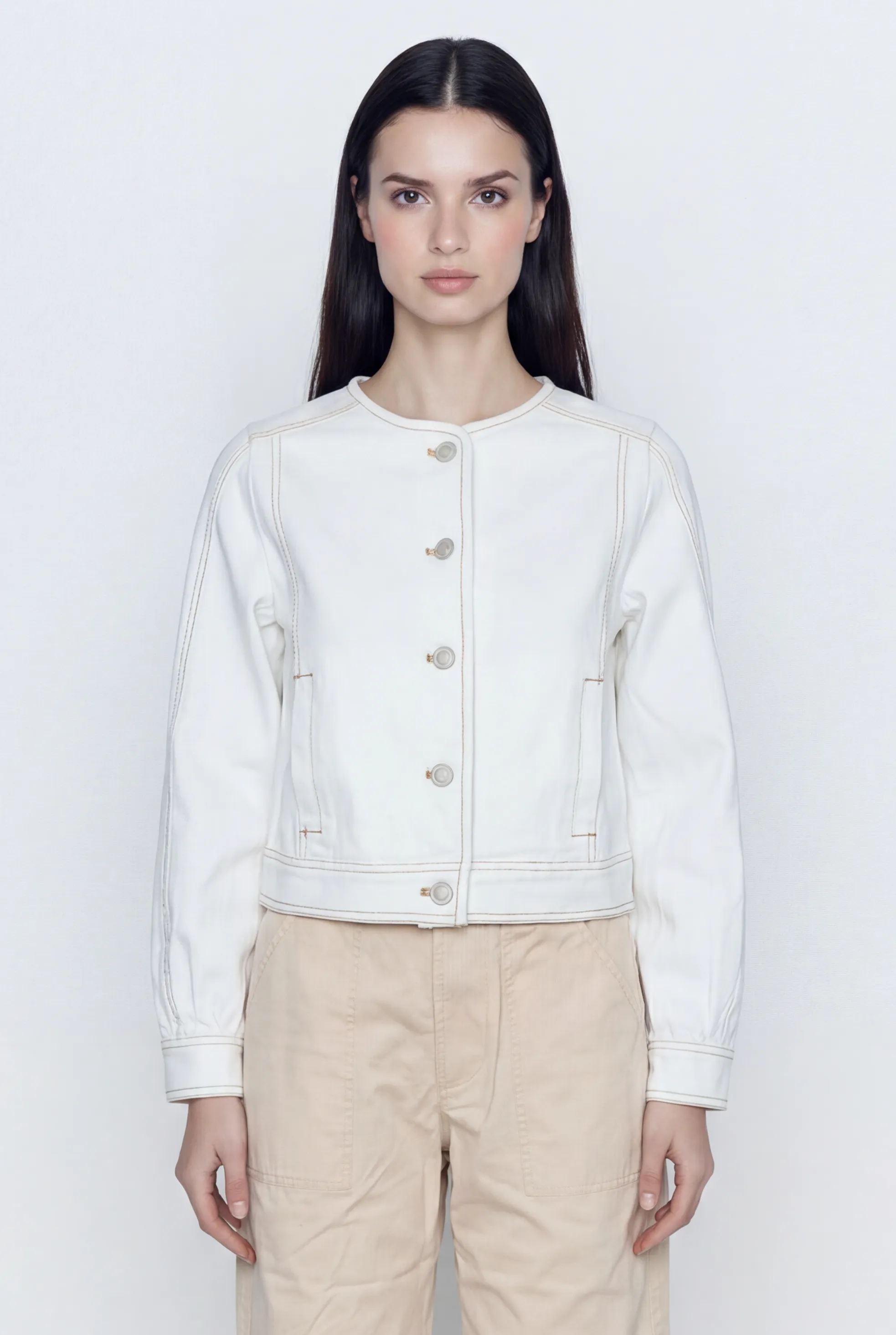 Callie Collarless Denim Jacket sold by Mixology