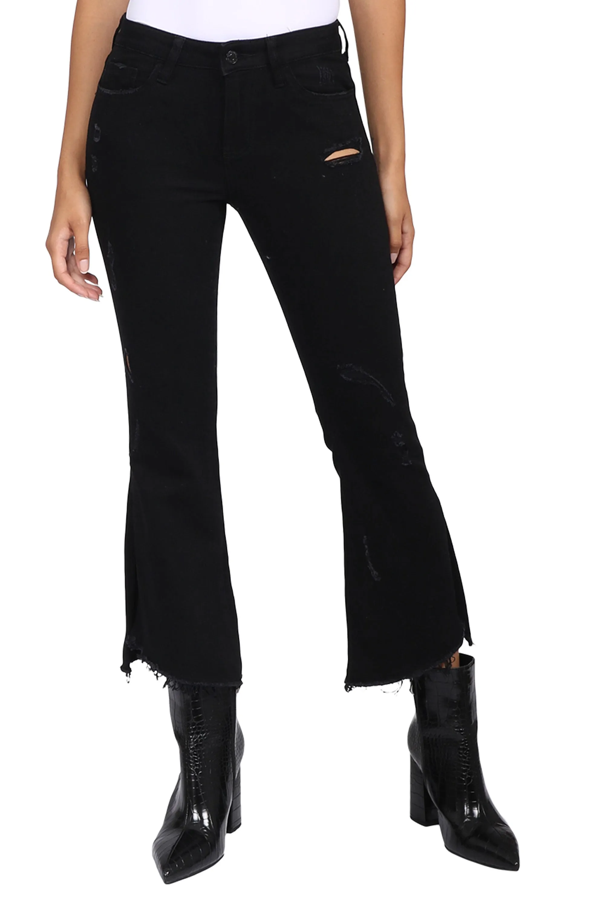 Black Mid Rise Crop Kick Flare Jeans sold by Mixology