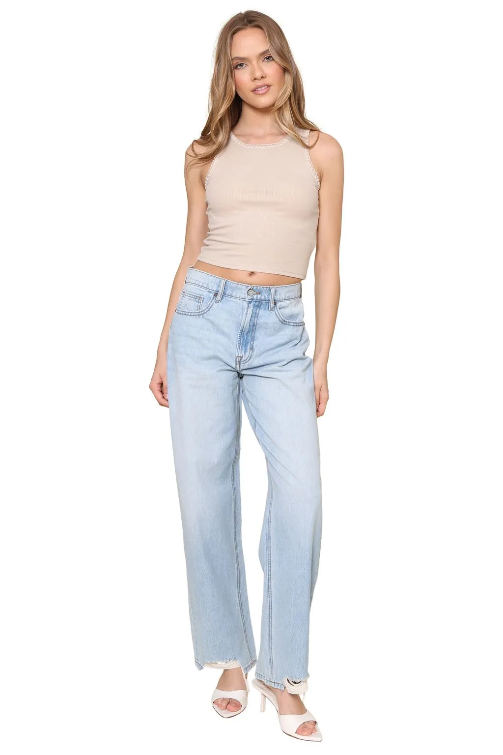 Medium Light Wash Distressed High Rise Straight sold by Mixology product image thumbnail 4