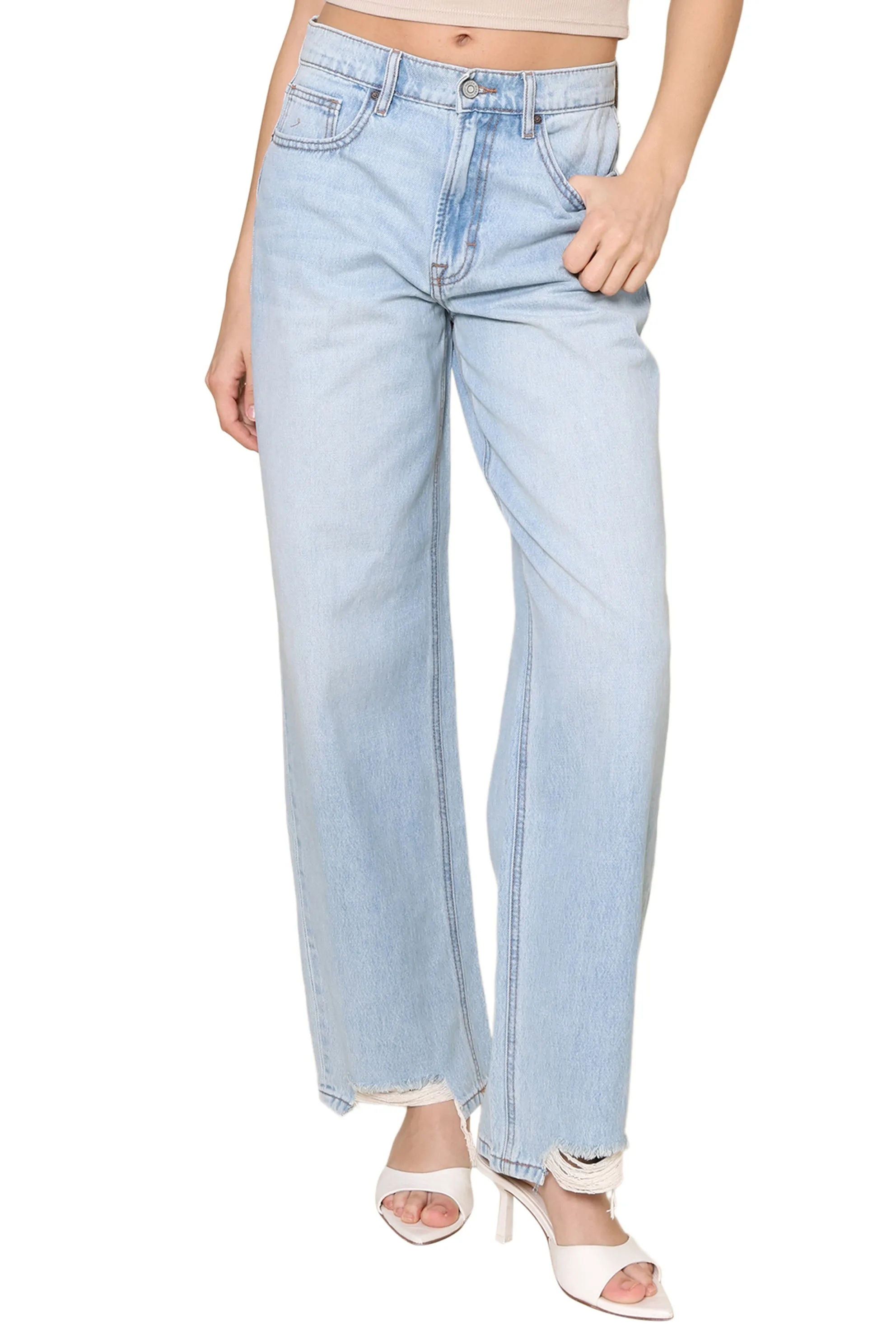 Medium Light Wash Distressed High Rise Straight sold by Mixology