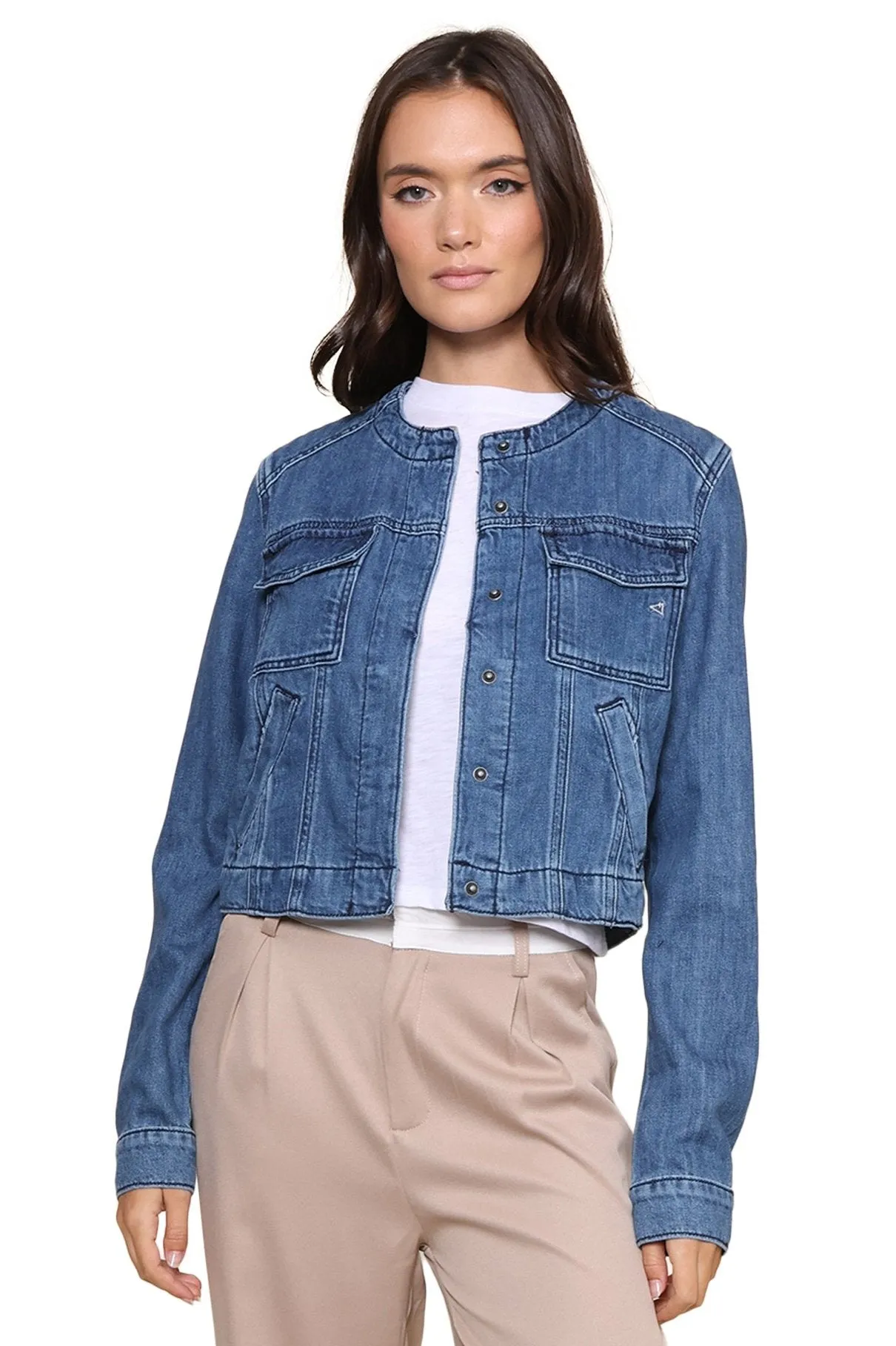 Collarless Denim Jacket sold by Mixology