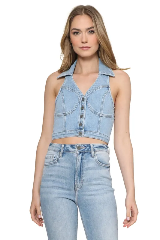 Halter Light Denim Crop Top sold by Mixology