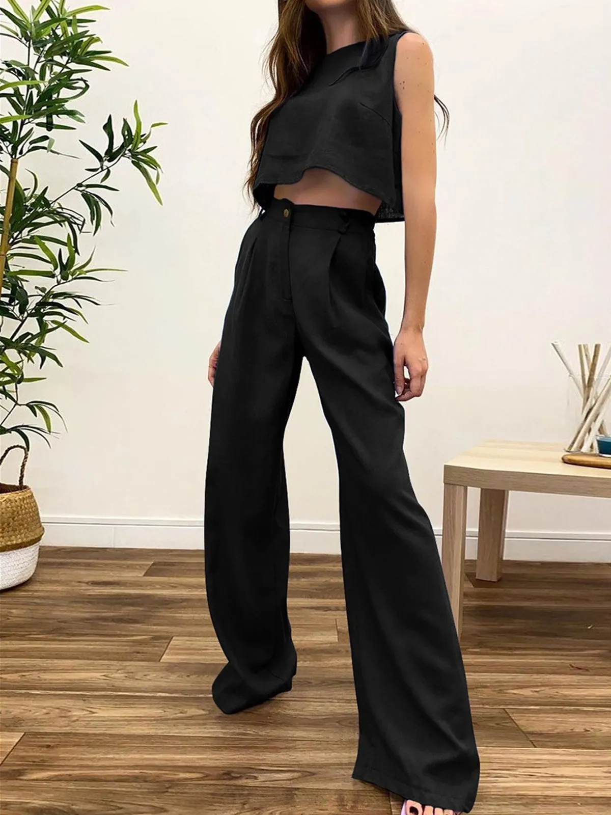 Breezy Cotton Cropped Tank Top +High Waist Pants Set sold by Aha Selected product image thumbnail 2