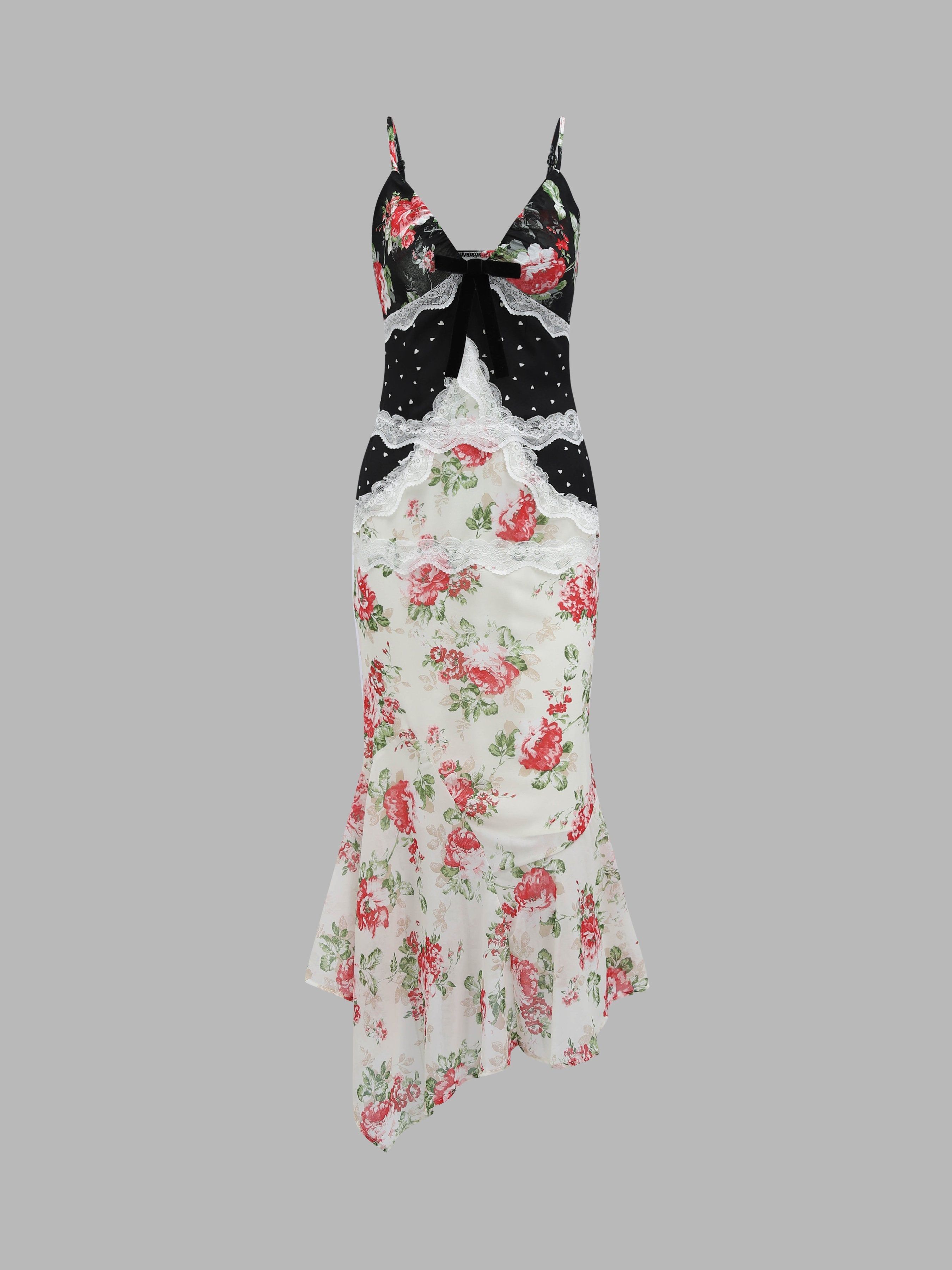 Floral Print Polka Dot Spliced Lace Trim Cami Maxi Dress sold by Aha Selected