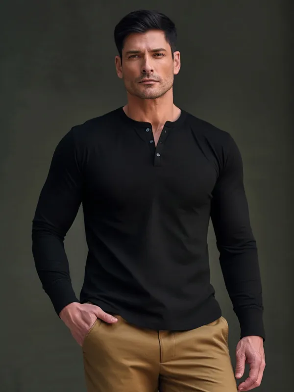 Classic Cotton long Sleeve Henley Shirt sold by Aha Selected
