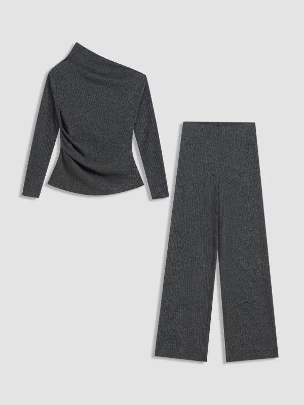 Satin Off-Shoulder Top and High-Waisted Pants Set sold by Aha Selected