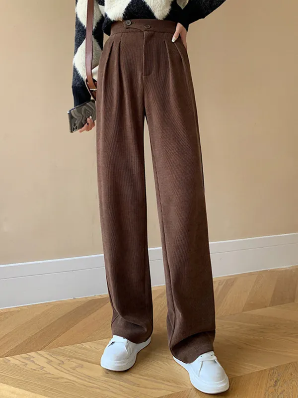 Stripe Chenille Buttoned Straight Pants sold by Aha Selected