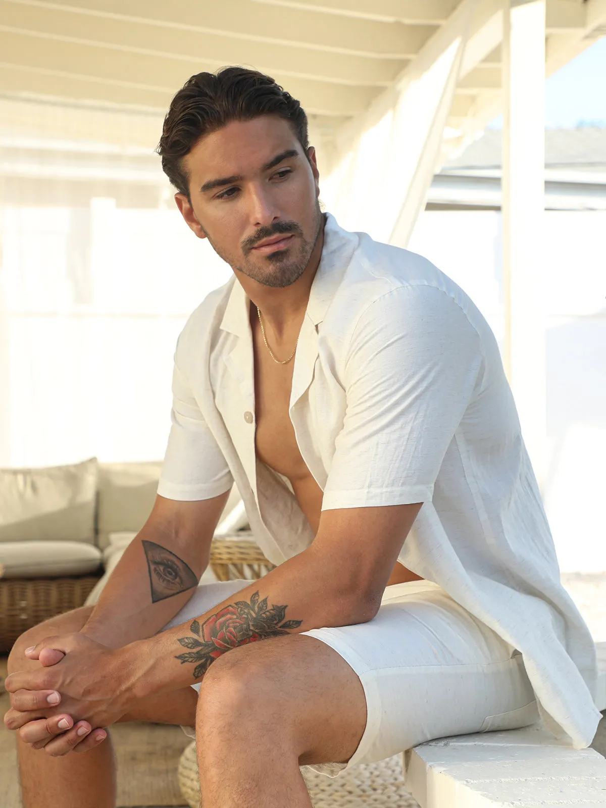 Set : Linen Hawaiian Shirt +Short Ivory sold by Aha Selected