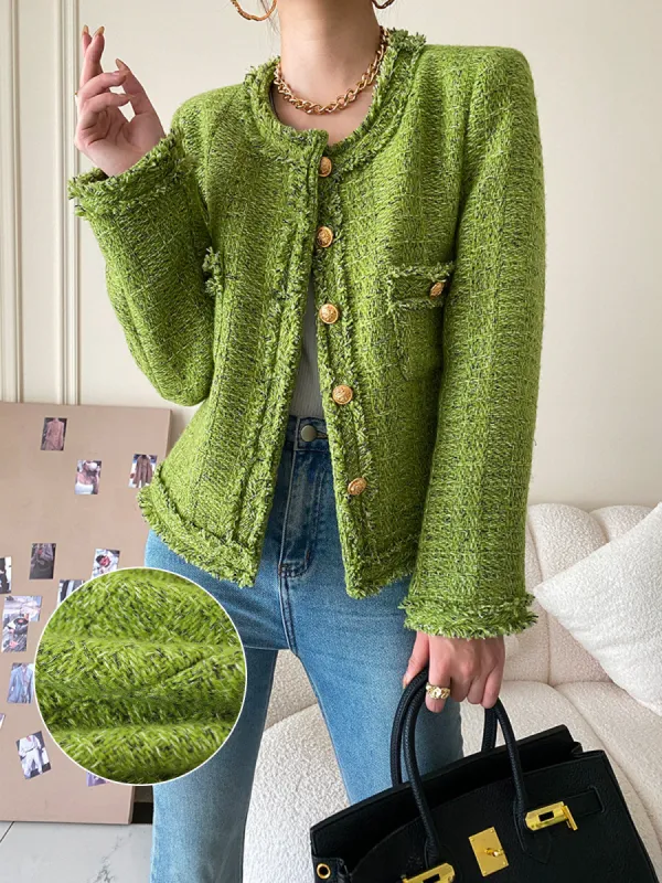 Tweed Burr Collarless Wool Coat sold by Aha Selected