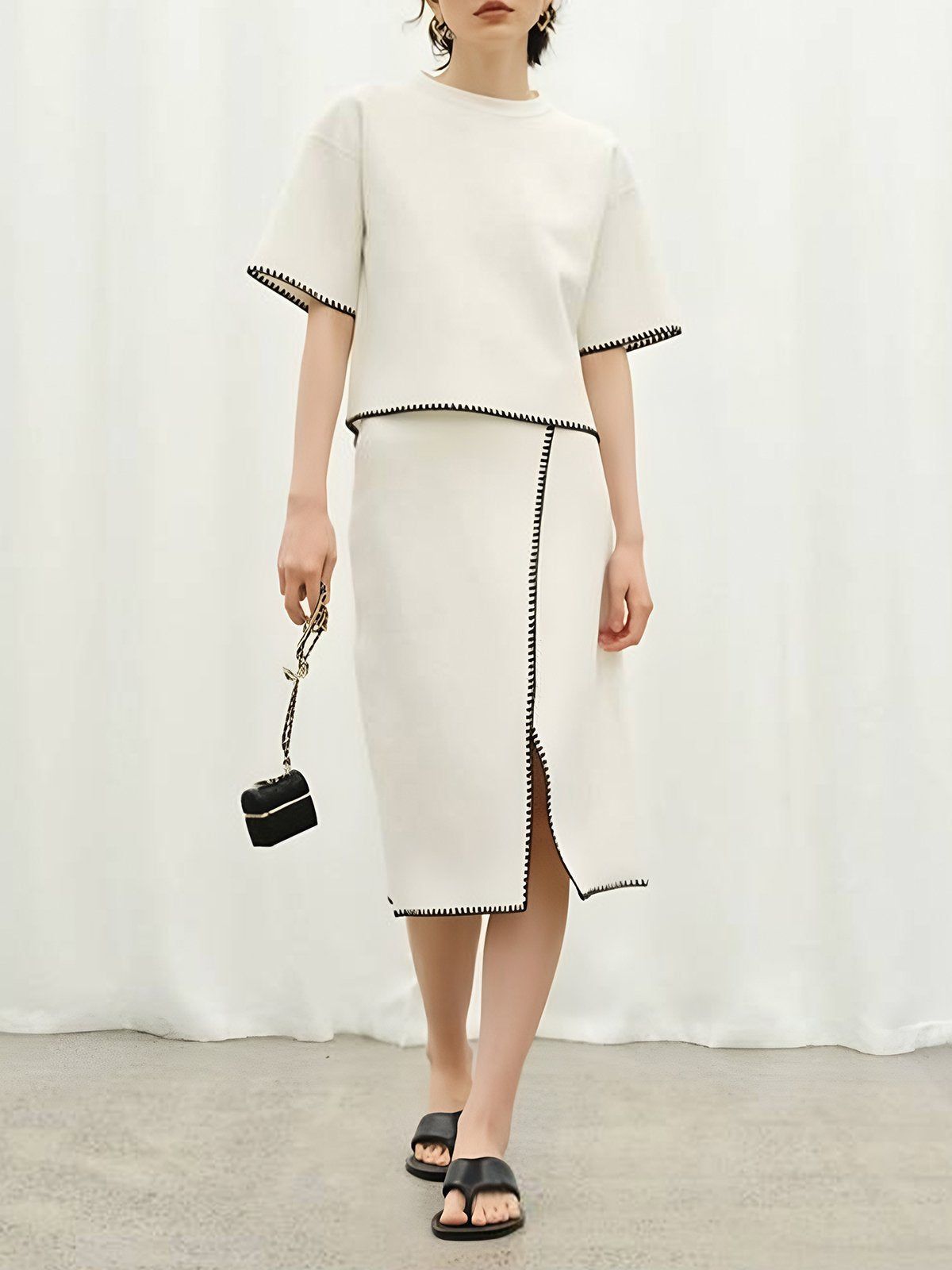 Embroidered Colorblock Trim Tweed Skirt Suit sold by Aha Selected product image thumbnail 4