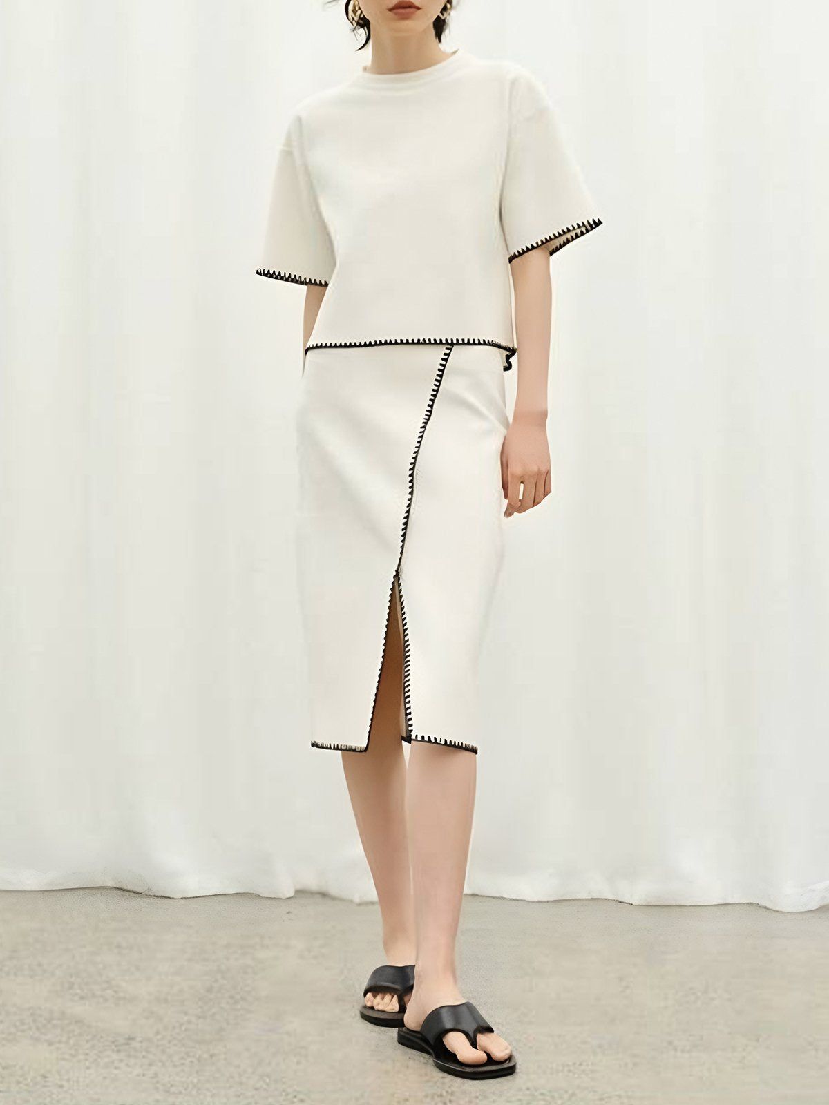 Embroidered Colorblock Trim Tweed Skirt Suit sold by Aha Selected