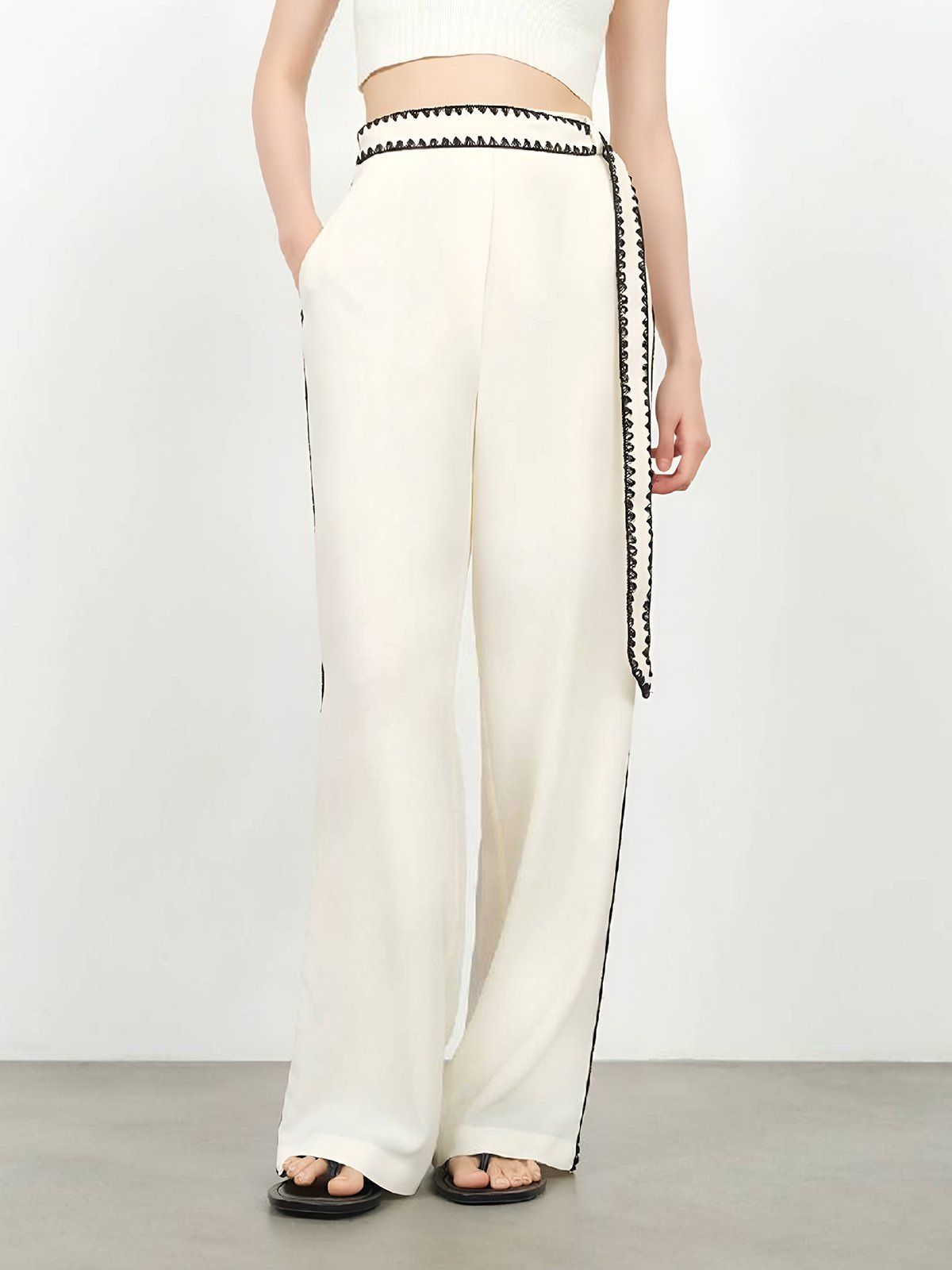 Embroidered Contrast Trim Wide Leg Pants with Belt sold by Aha Selected