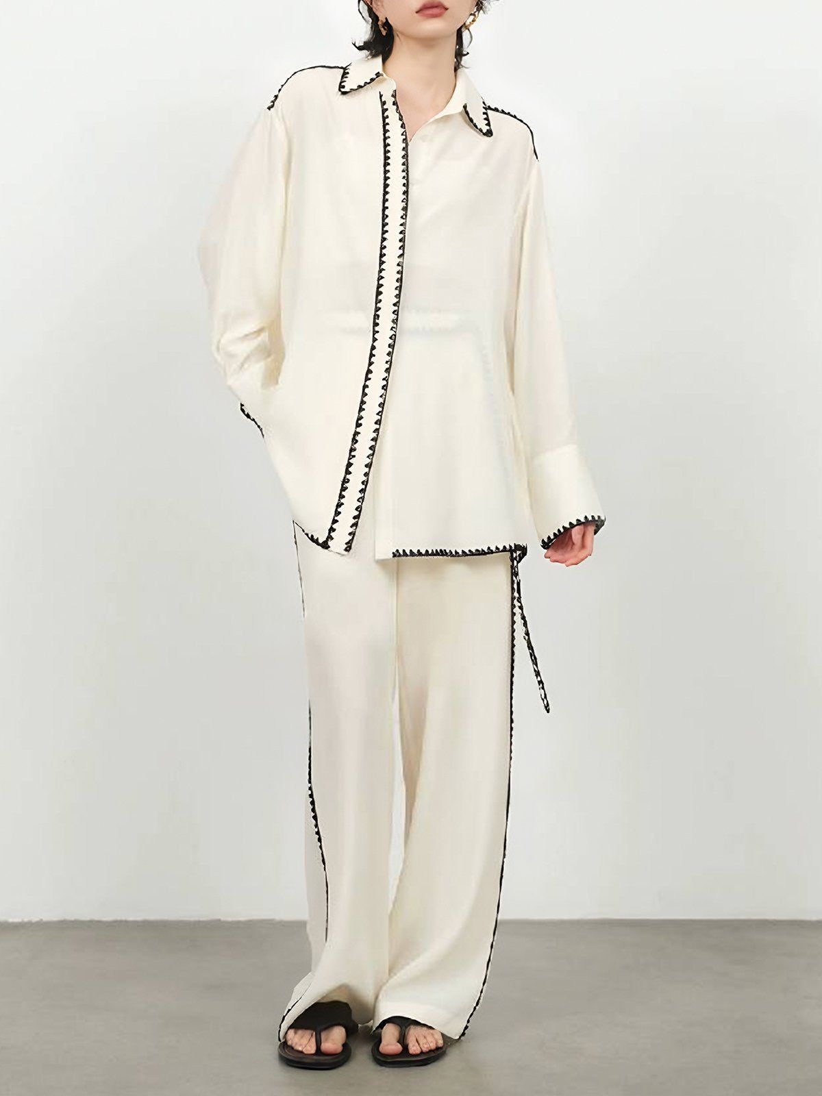 Embroidered Contrast Trim Wide Leg Pants with Belt sold by Aha Selected product image thumbnail 5