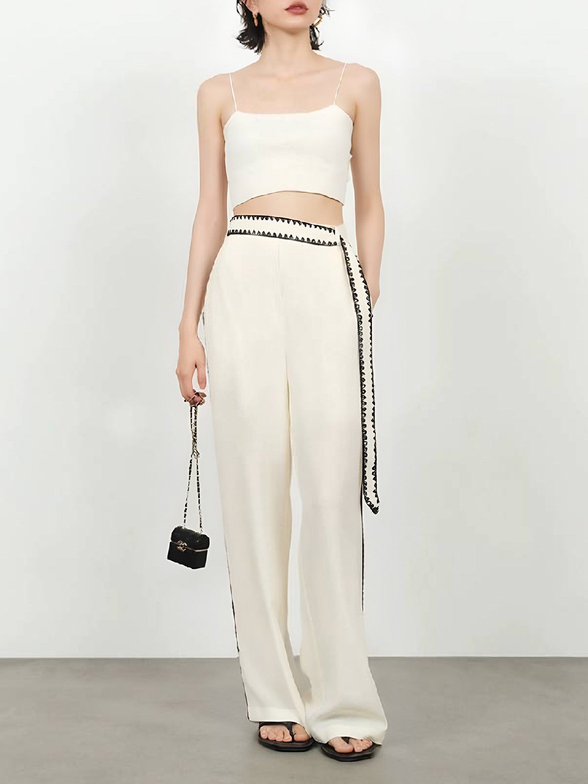 Embroidered Contrast Trim Wide Leg Pants with Belt sold by Aha Selected product image thumbnail 3