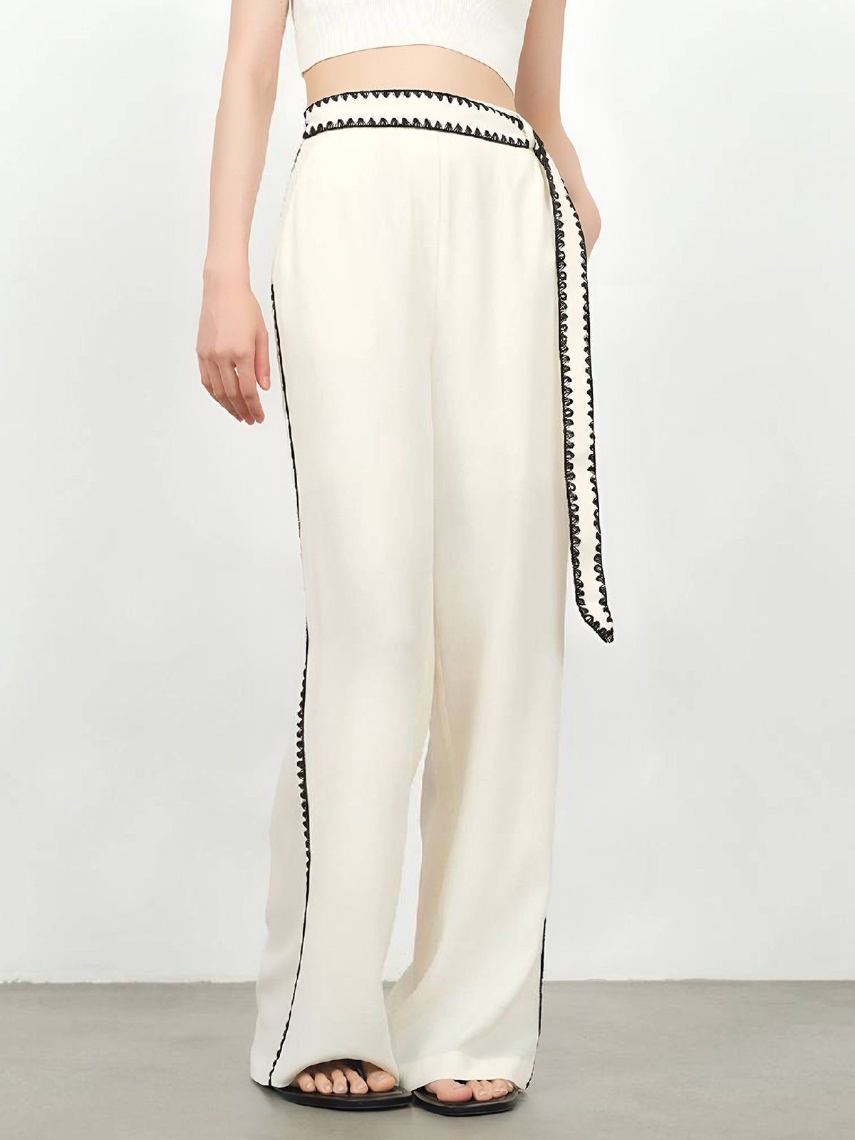 Embroidered Contrast Trim Wide Leg Pants with Belt sold by Aha Selected product image thumbnail 2