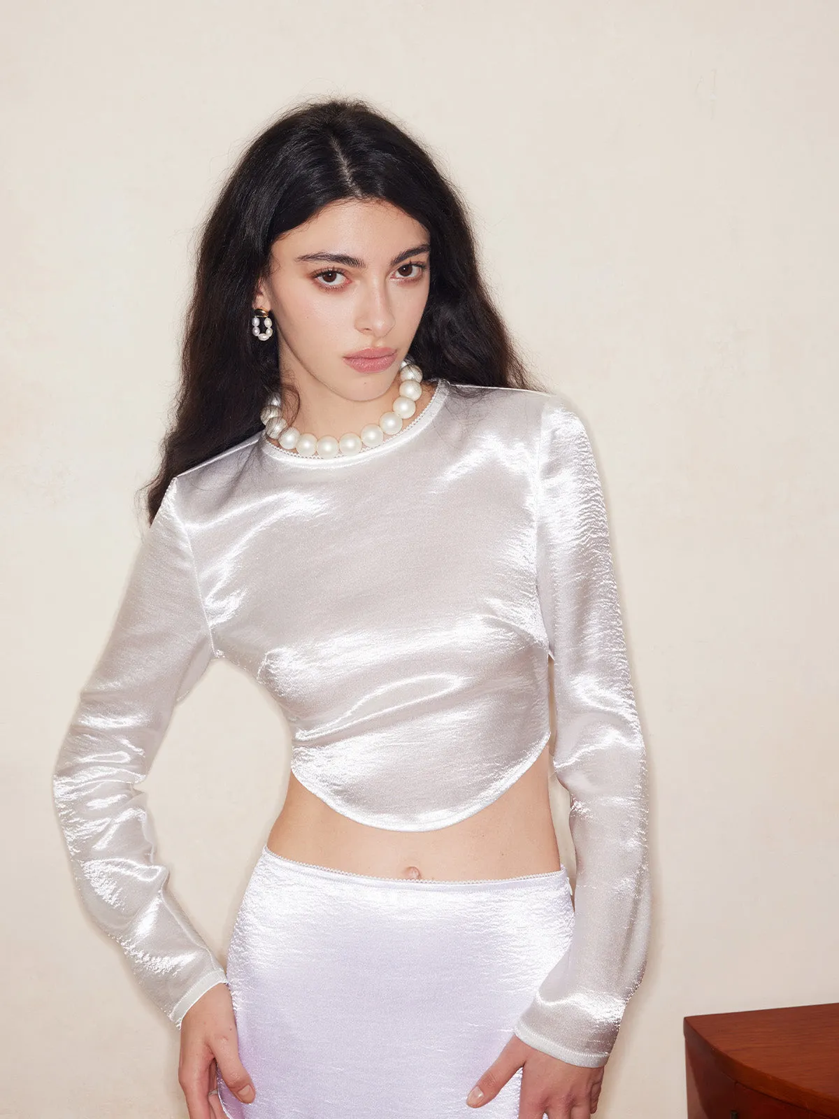 Satin Round-Neck Long-Sleeve Top sold by Aha Selected product image thumbnail 3