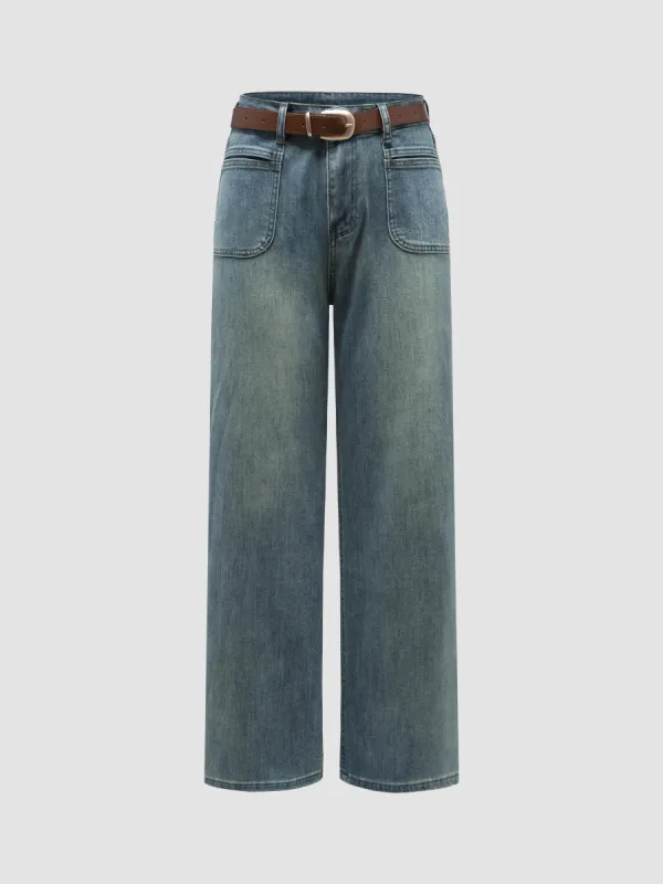 Wide-Leg Front Pockets Denim Jeans With Belt sold by Aha Selected