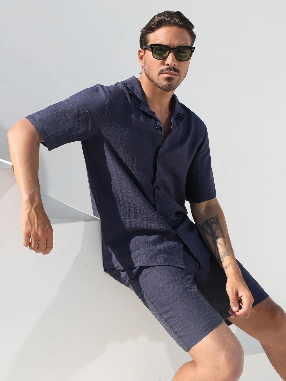 Set Linen Hawaiian Shirt +Shorts Navy sold by Aha Selected