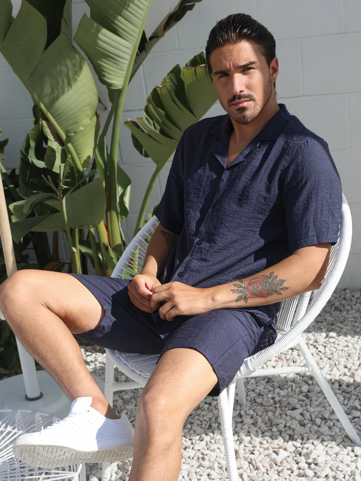 Set Linen Hawaiian Shirt +Shorts Navy sold by Aha Selected product image thumbnail 3