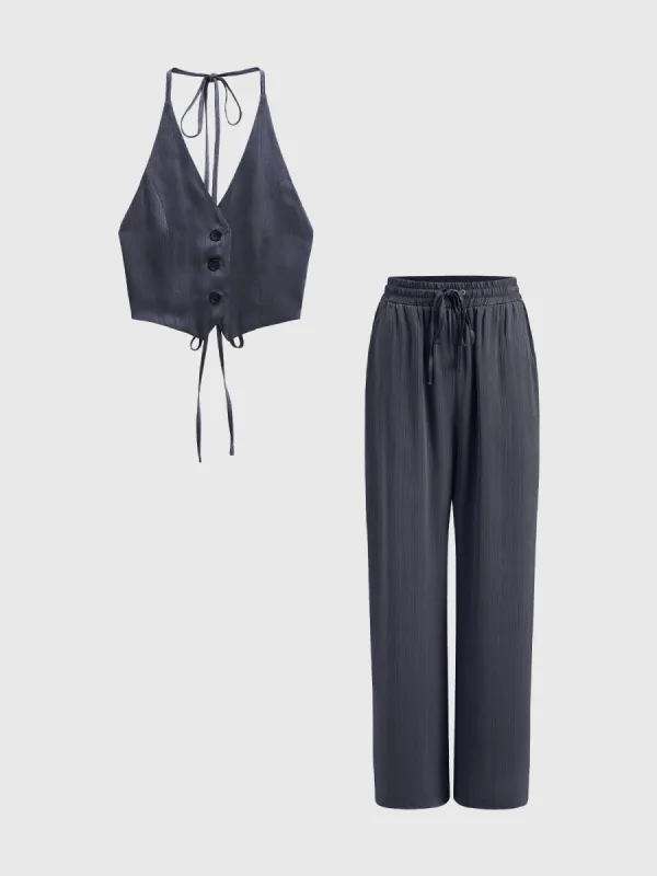 Chic V-neck Striped Vest & Palazzo Pants 2 Pieces Set sold by Aha Selected