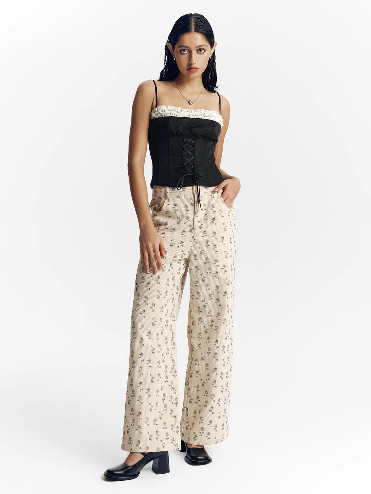 Women's Corduroy Floral Wide Leg Pants sold by Aha Selected