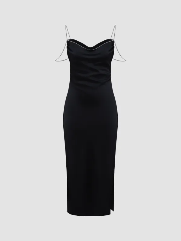 Satin Rhinestone-Strap Neckline Dress sold by Aha Selected