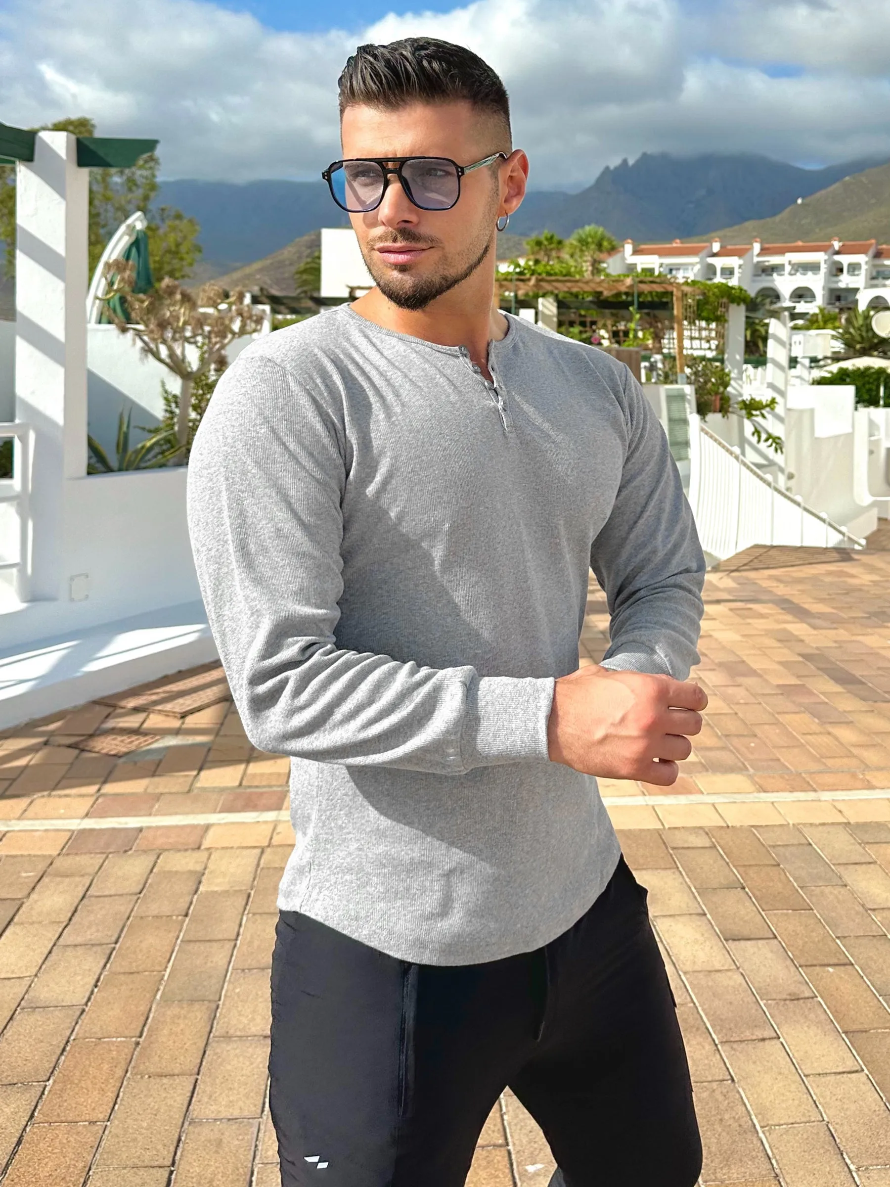 Rib Knit Curved Hem Long Sleeve Henley Shirt sold by Aha Selected product image thumbnail 5