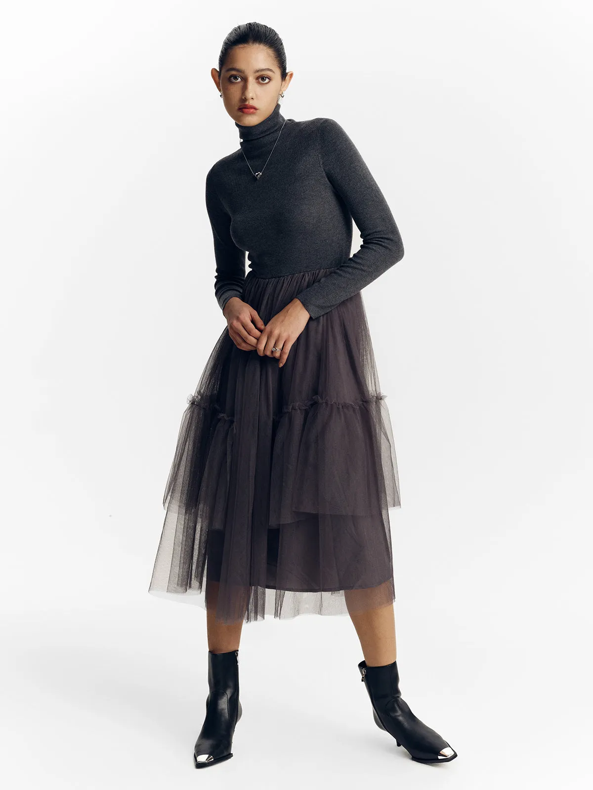 High Neck Knitted Splicing Layered Mesh Dress sold by Aha Selected