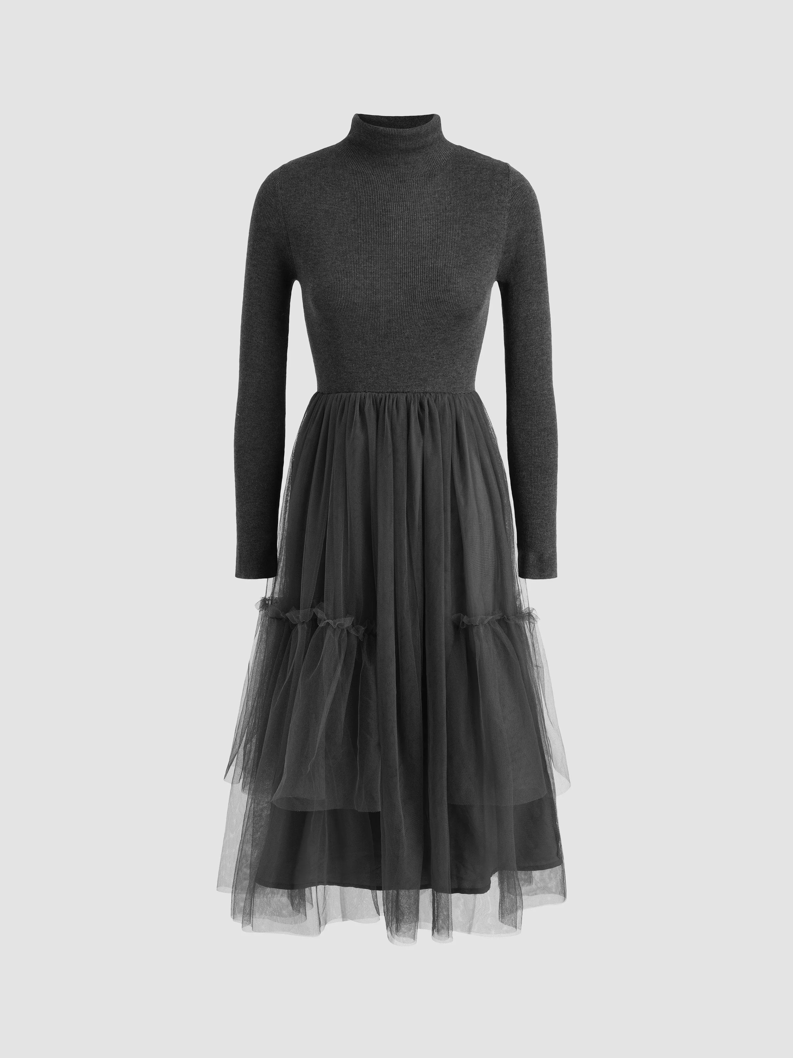 High Neck Knitted Splicing Layered Mesh Dress sold by Aha Selected product image thumbnail 2