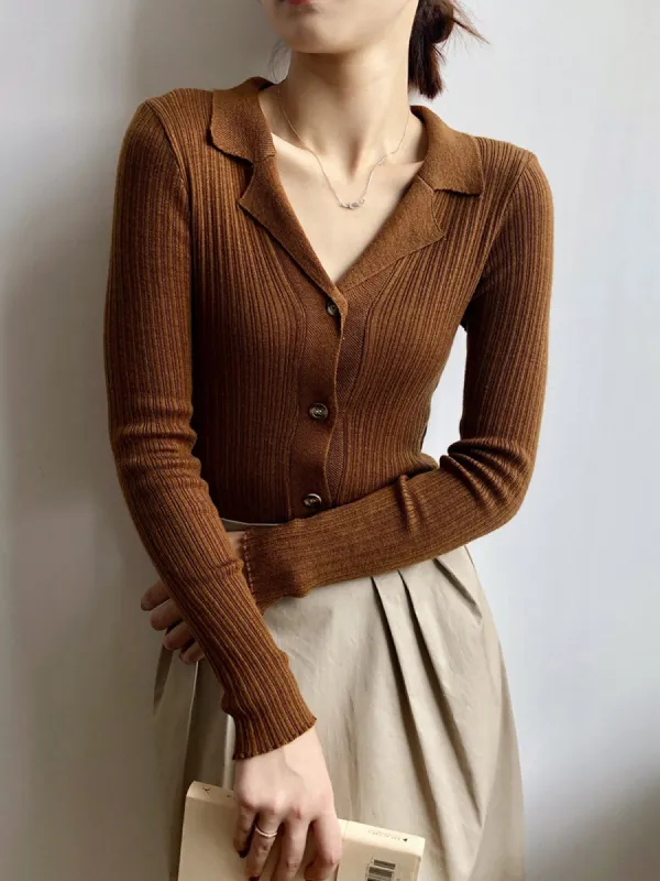 Solid Lapel Slim Fit Knitted Cardigan sold by Aha Selected