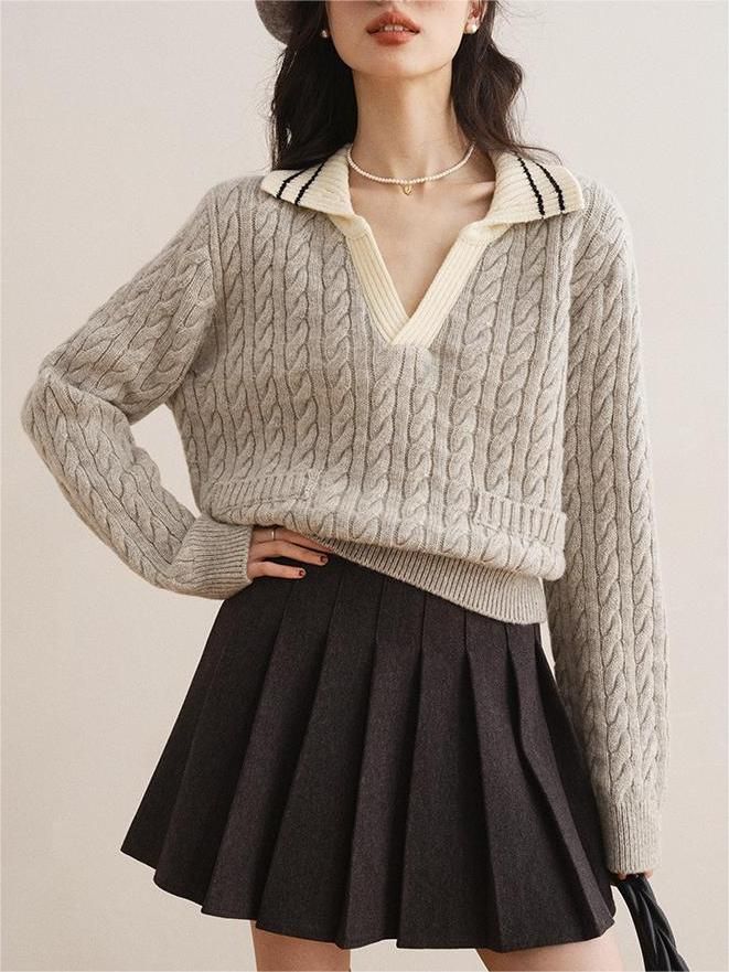 Cozy Cable-Knit Striped Collar Sweater sold by Aha Selected product image thumbnail 2