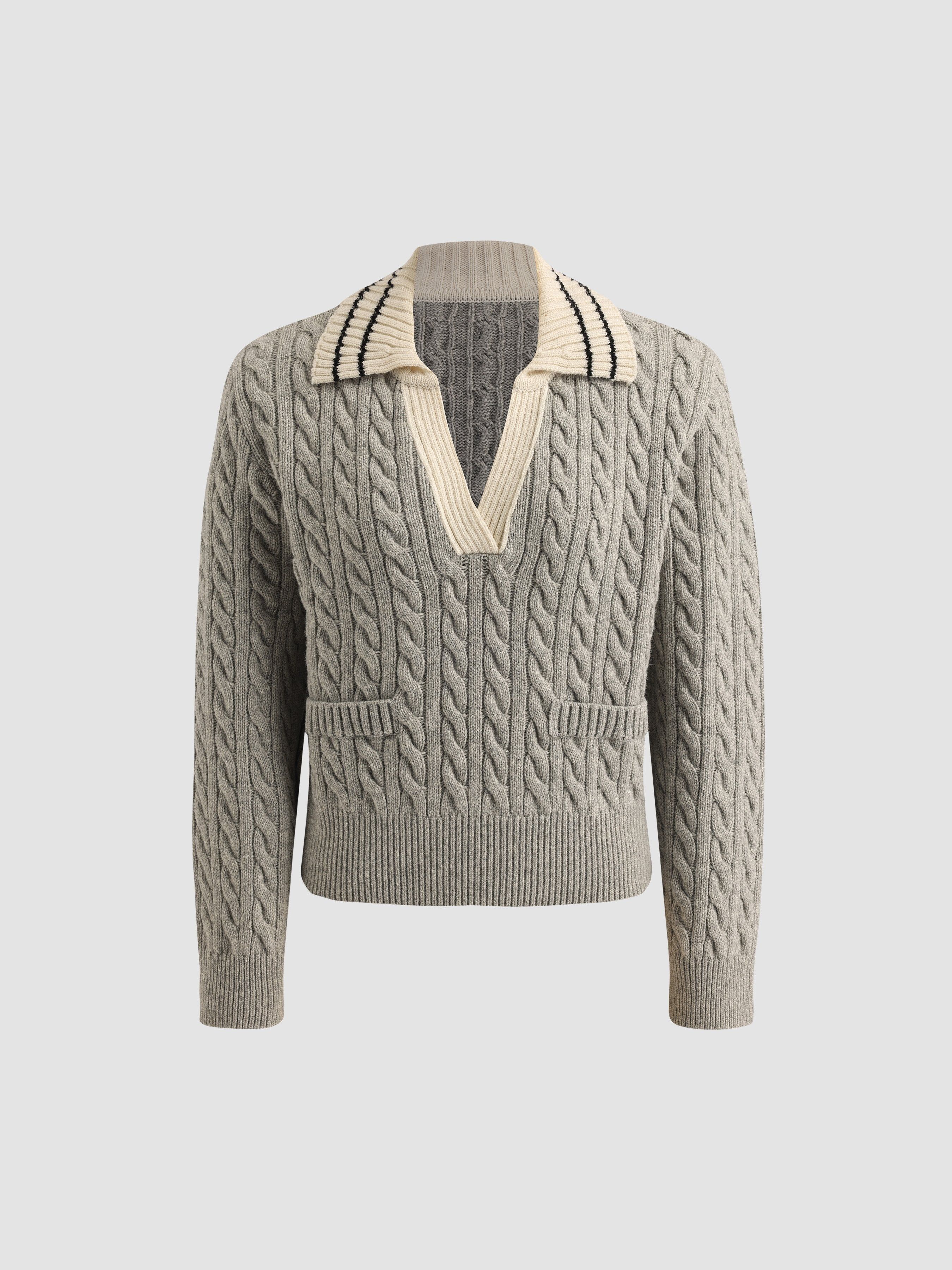Cozy Cable-Knit Striped Collar Sweater sold by Aha Selected
