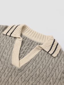 Cozy Cable-Knit Striped Collar Sweater sold by Aha Selected