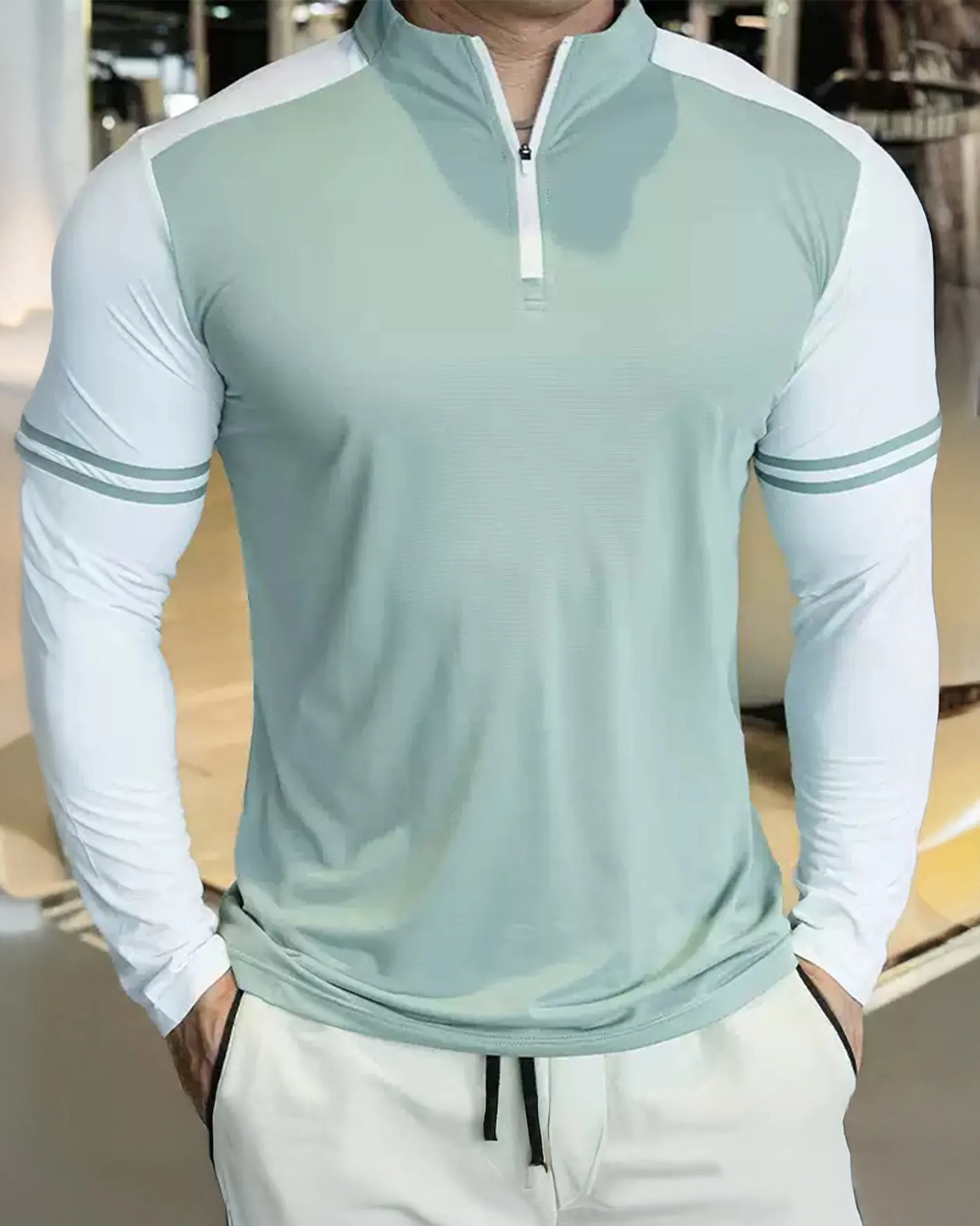 Staycool Two-Tone Stripe Quarter Zip Long Sleeve Shirt sold by Aha Selected