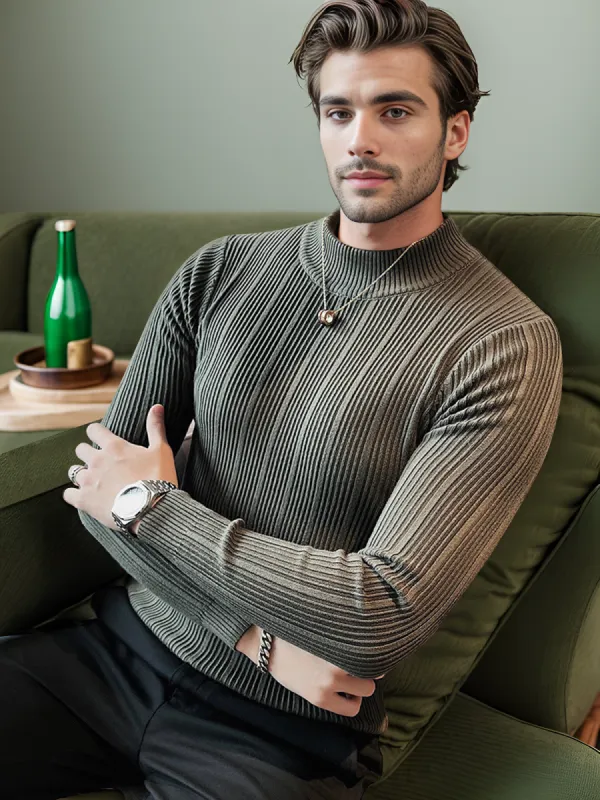 Mock Neck Striped Stretch Sweater sold by Aha Selected