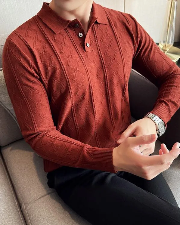 Diamond Knit Pattern Button Up Polo Sweater sold by Aha Selected product image thumbnail 3