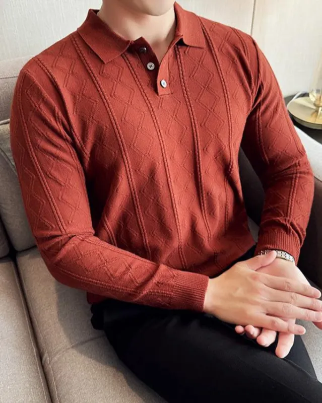 Diamond Knit Pattern Button Up Polo Sweater sold by Aha Selected
