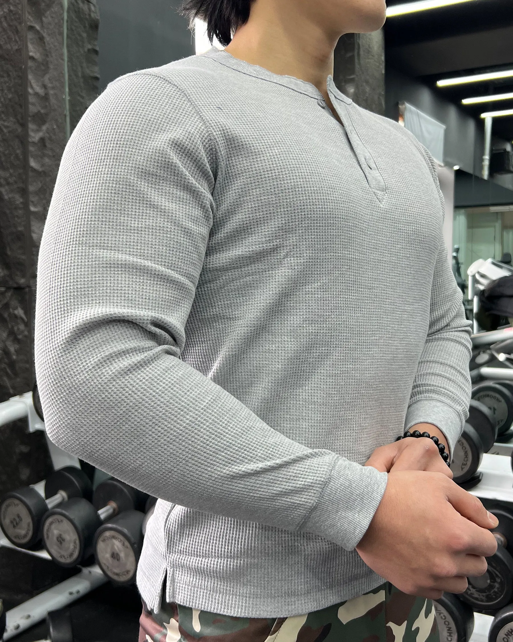 Waffle Knit Textured Henley Collar Long Sleeve sold by Aha Selected product image thumbnail 5