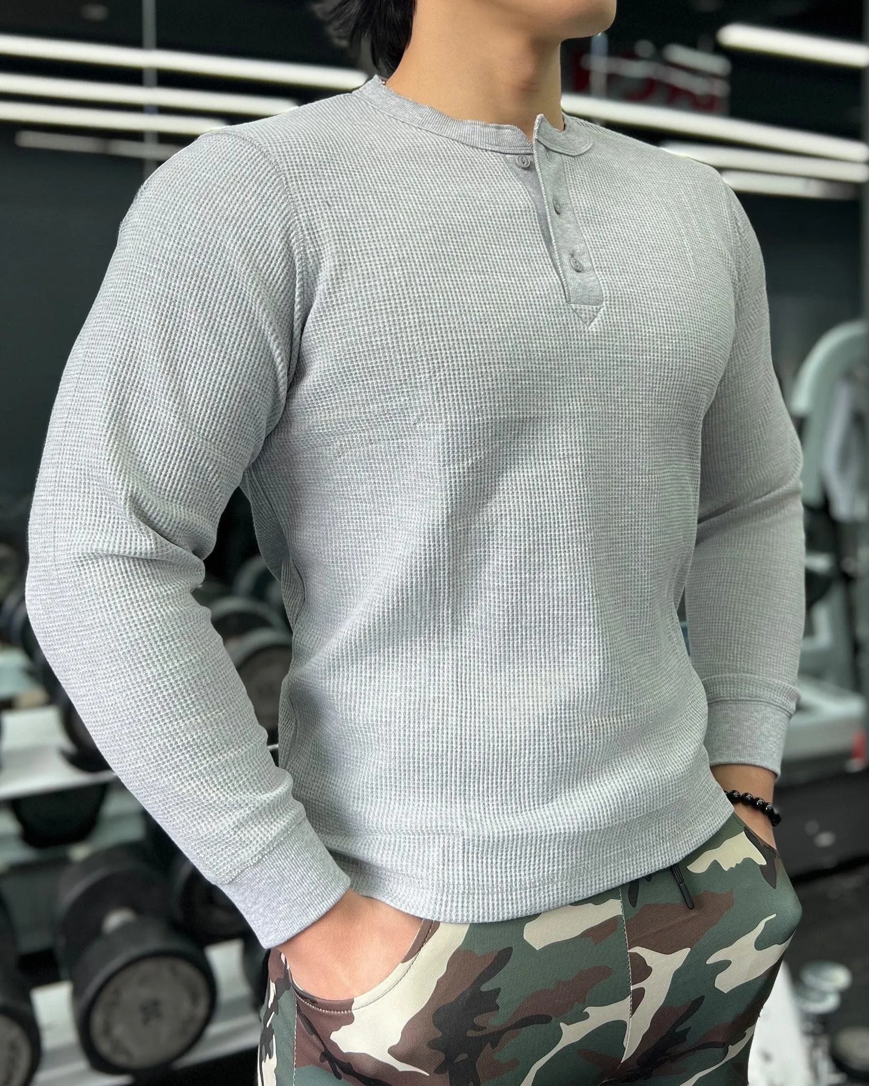 Waffle Knit Textured Henley Collar Long Sleeve sold by Aha Selected