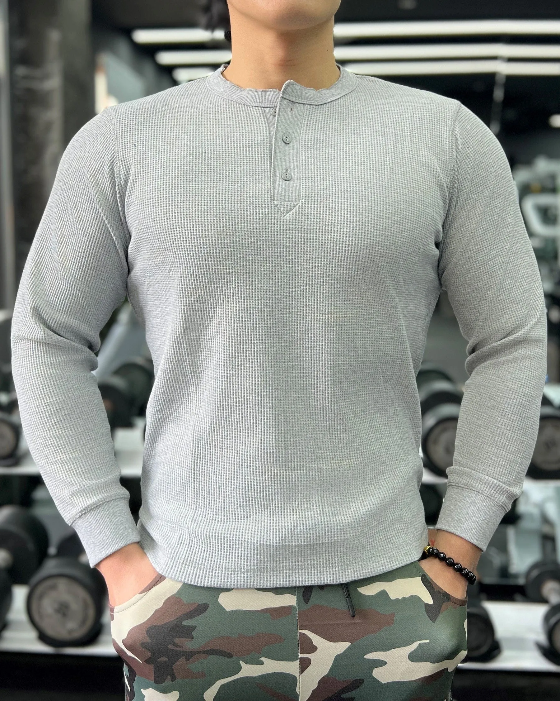 Waffle Knit Textured Henley Collar Long Sleeve sold by Aha Selected product image thumbnail 2