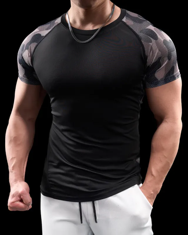 Camo Raglan Mesh Sleeves High Stretch Tee sold by Aha Selected