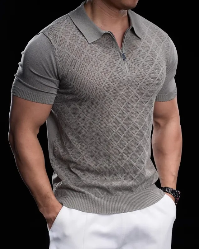 Quarter Zip High Stretch Checked Pattern Polo sold by Aha Selected