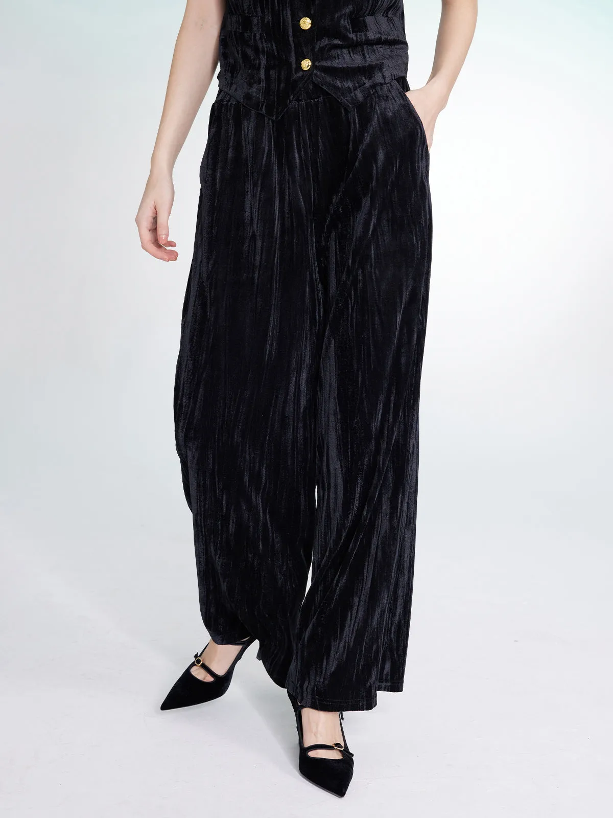 Embossed Velvet Elastic Waist Wide-Leg Pants sold by Aha Selected product image thumbnail 3