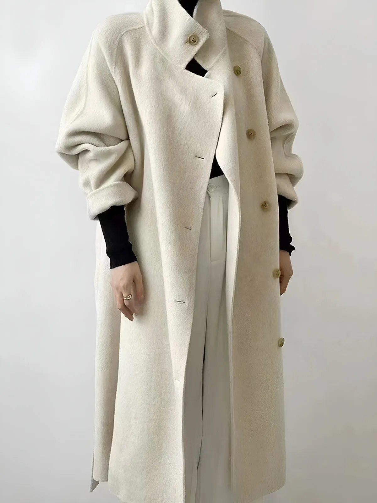 Tailored Collar Buttons Long Coat with Adjustable Belt sold by Aha Selected product image thumbnail 4