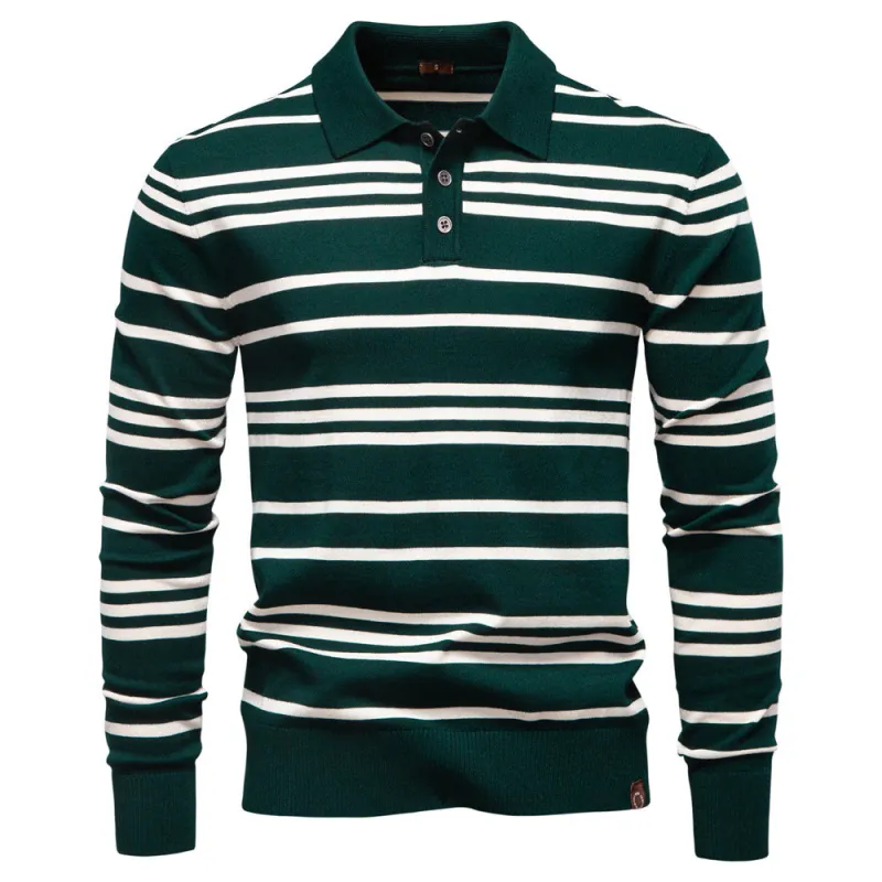 Men’s Classic Striped Knit Polo Sweater sold by Aha Selected
