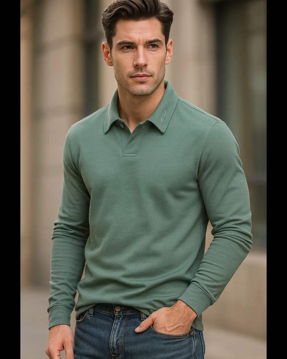 Long Sleeve Cotton Blend Polo Shirt sold by Aha Selected